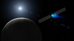 Planet mit Raumsonde im Anflug