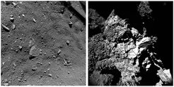 Eine weiche und eine harte Landung: Die linke Aufnahme der Landestelle Agilkia entstand mit Hilfe der ROLIS-Kamera aus einer Entfernung von neun Metern, kurz bevor Philae auf der Kometenoberfläche aufsetzte. Die rechte Aufnahme des endgültigen Landeplatzes Abydos machte CIVA-Kamera am 13. November 2014.