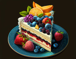 Diese Illustration zeigt einen Sahnekuchen, der mit vielen Früchten belegt ist, Blaubeeren, Erdbeeren, Brombeeren und Orangen. Der Kuchen steht auf einem blauen Teller, auf dem ebenfalls Früchte liegen. Das Bild ist sehr farbenfroh.